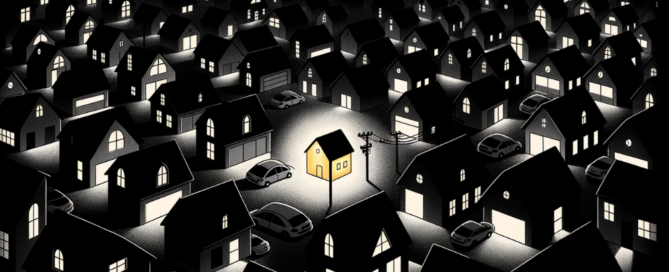 House in the middle that is extra brightly lit surrounded by other houses with lights on at night