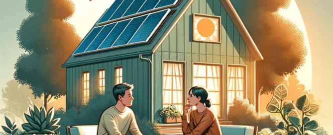 Animated photo shows 2 people sitting in front of a house with solar arrays installed on an angled roof